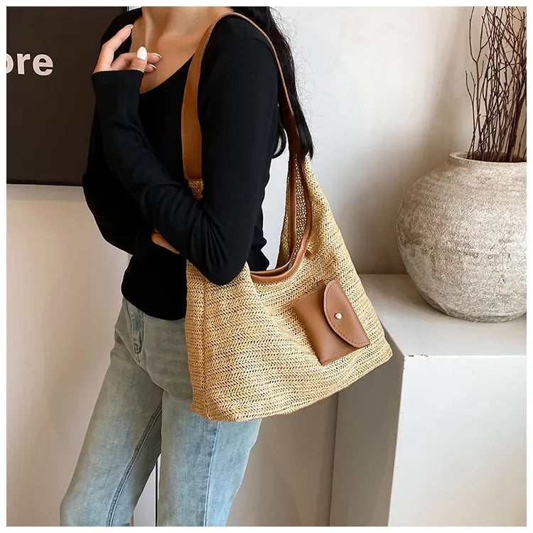 Häkeltasche für Damen ⎜ Bunte Schultertasche aus Baumwolle mit praktischer Zusatztasche