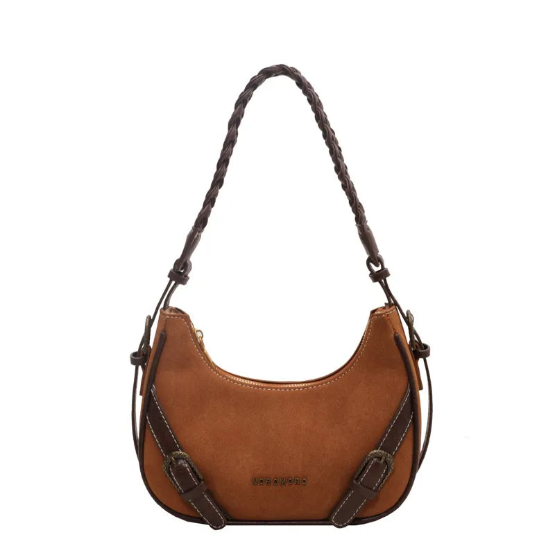Retro Schultertasche ⎜ Modisches Design mit geflochtenem Henkel und praktischen Riemenverschlüssen