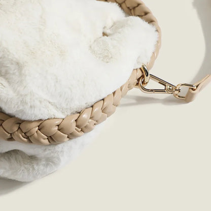 Plüsch Bucket Bag für Damen ⎜ Weiche Handtasche mit geflochtenem Henkel und verstellbarem Schulterriemen