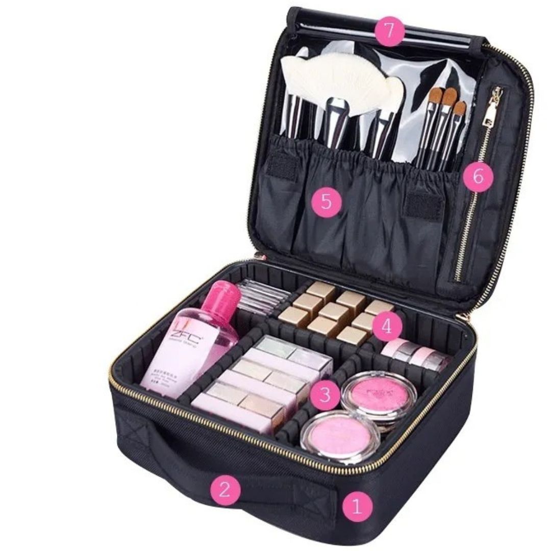 Kosmetiktasche für Damen ⎜ Kompakte Reise-Aufbewahrung mit Fächern und praktischem Pinselhalter