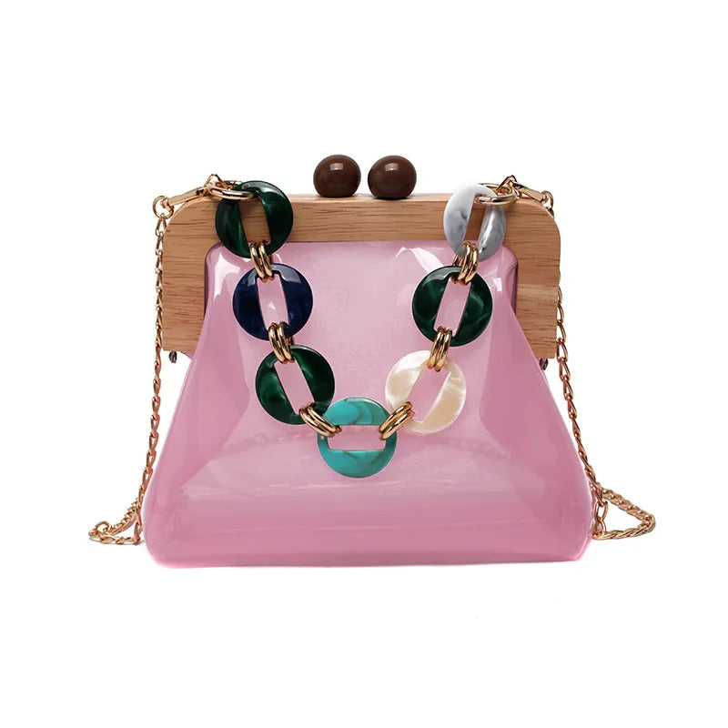 Transparente Umhängetasche für Damen ⎜ Modische Tasche mit Ketten-Detail und Holzverschluss
