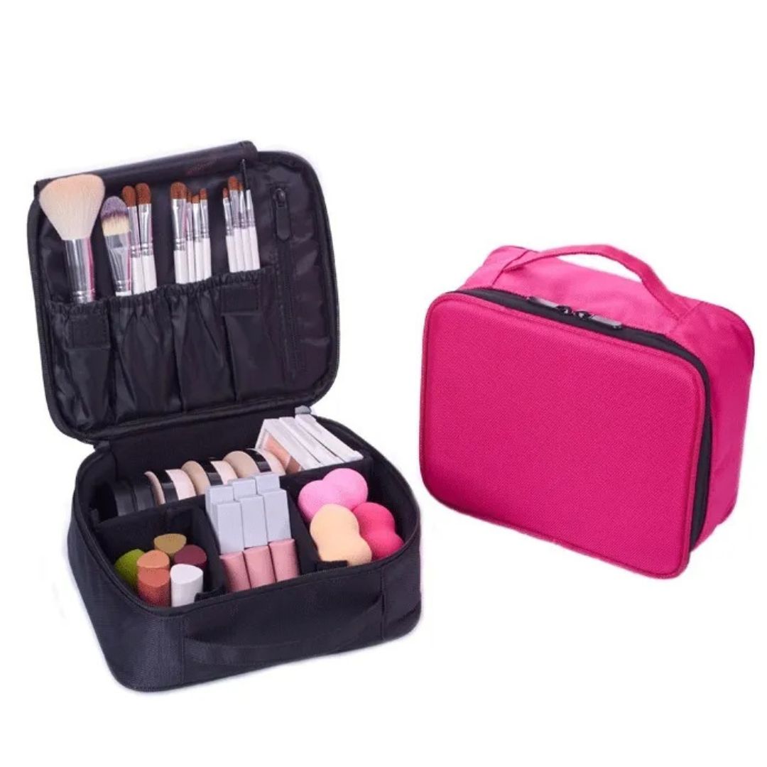 Kosmetiktasche für Damen ⎜ Kompakte Reise-Aufbewahrung mit Fächern und praktischem Pinselhalter