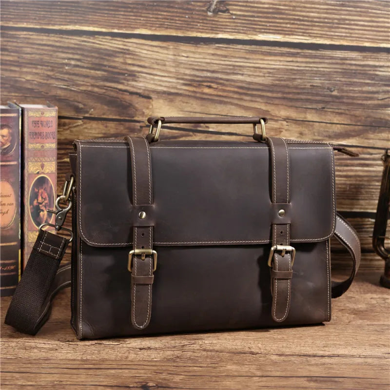 Leder Aktentasche für Herren ⎜ Vintage Business-Tasche mit Laptopfach und verstellbarem Schultergurt
