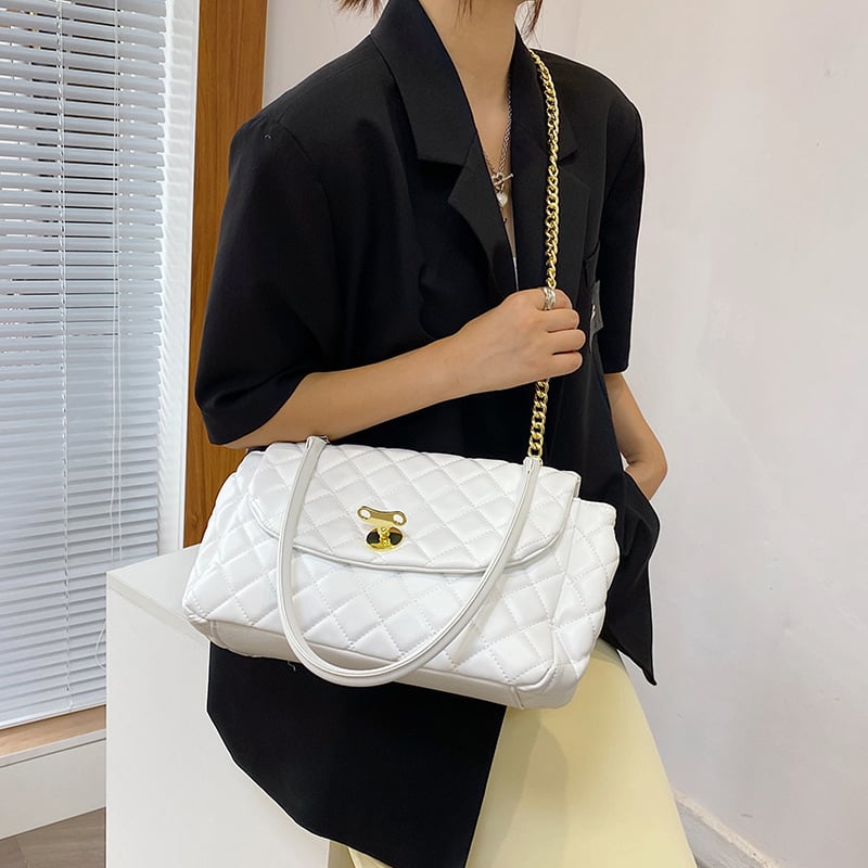 Schultertasche für Damen ⎜ Modische Handtasche im Rauten-Design mit goldener Kette und praktischem Verschluss