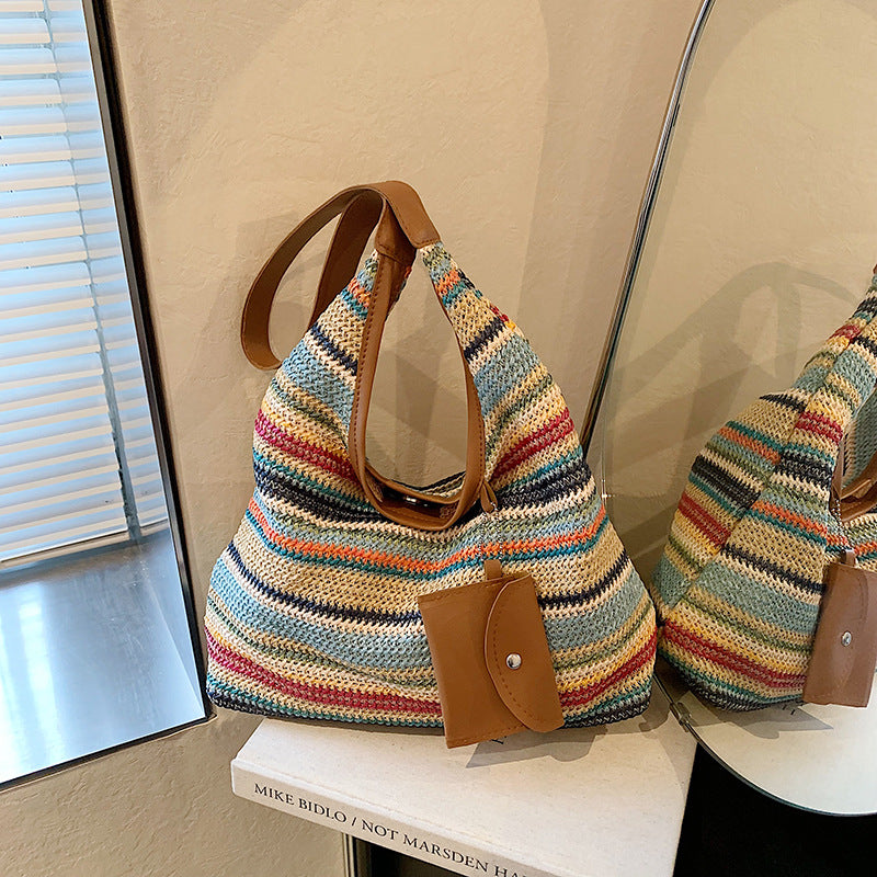 Häkeltasche für Damen ⎜ Bunte Schultertasche aus Baumwolle mit praktischer Zusatztasche