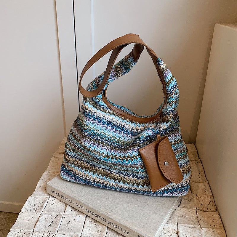 Häkeltasche für Damen ⎜ Bunte Schultertasche aus Baumwolle mit praktischer Zusatztasche