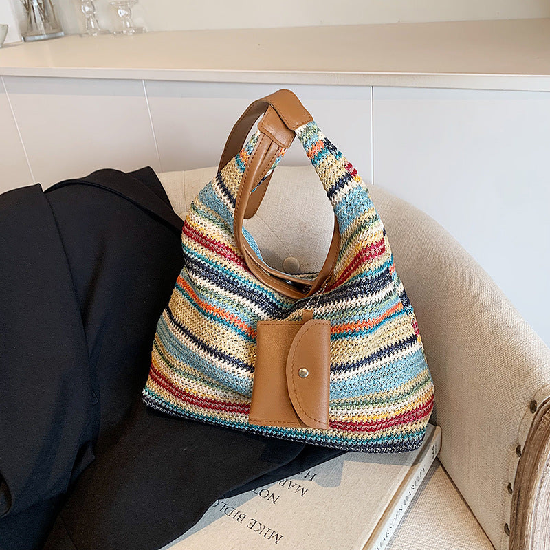 Häkeltasche für Damen ⎜ Bunte Schultertasche aus Baumwolle mit praktischer Zusatztasche
