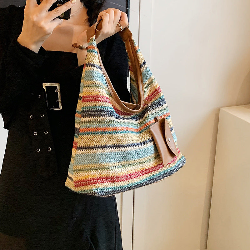 Häkeltasche für Damen ⎜ Bunte Schultertasche aus Baumwolle mit praktischer Zusatztasche