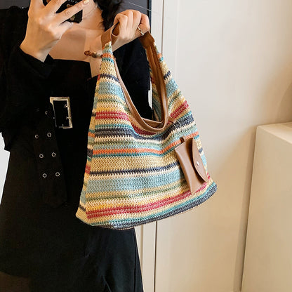 Häkeltasche für Damen ⎜ Bunte Schultertasche aus Baumwolle mit praktischer Zusatztasche