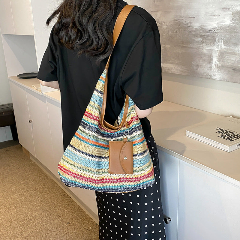 Häkeltasche für Damen ⎜ Bunte Schultertasche aus Baumwolle mit praktischer Zusatztasche