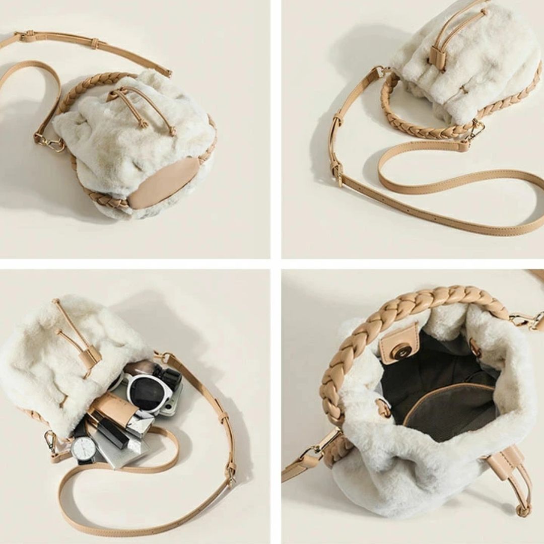 Plüsch Bucket Bag für Damen ⎜ Weiche Handtasche mit geflochtenem Henkel und verstellbarem Schulterriemen