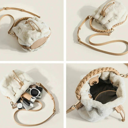 Plüsch Bucket Bag für Damen ⎜ Weiche Handtasche mit geflochtenem Henkel und verstellbarem Schulterriemen