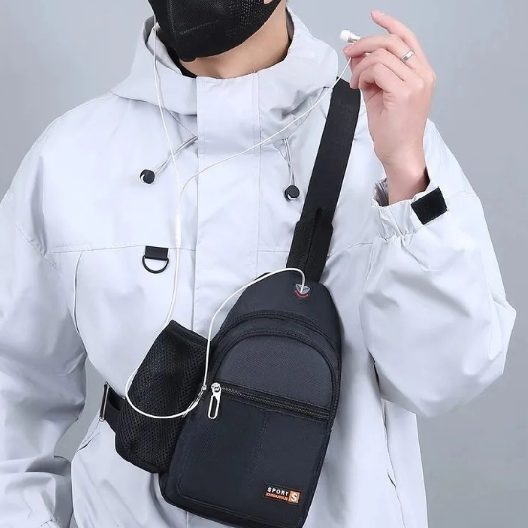 Umhängetasche für Herren ⎜ Geräumige Brusttasche mit Flaschenhalter und mehreren Reißverschlussfächern