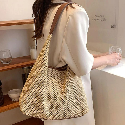 Strandtasche ⎜ Große, praktische Shopper-Tasche aus geflochtenem Stroh mit zusätzlichem Beutel