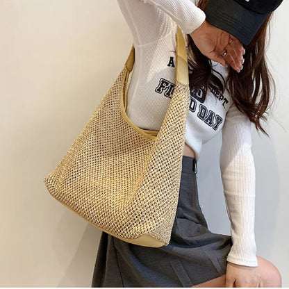 Strandtasche ⎜ Große, praktische Shopper-Tasche aus geflochtenem Stroh mit zusätzlichem Beutel