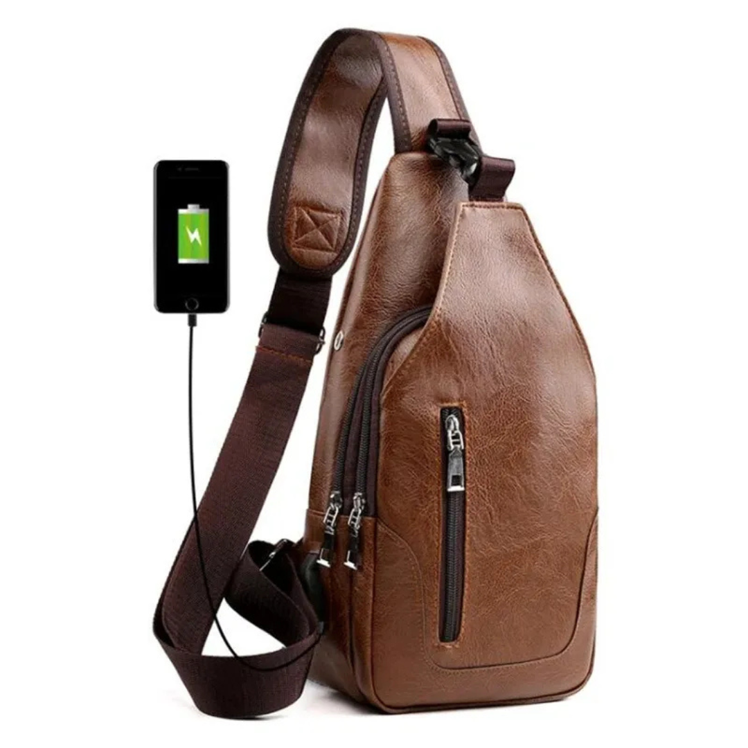 Brusttasche aus Leder für Herren ⎜ Vintage Crossbody-Design mit USB-Anschluss und mehreren Reißverschlussfächern