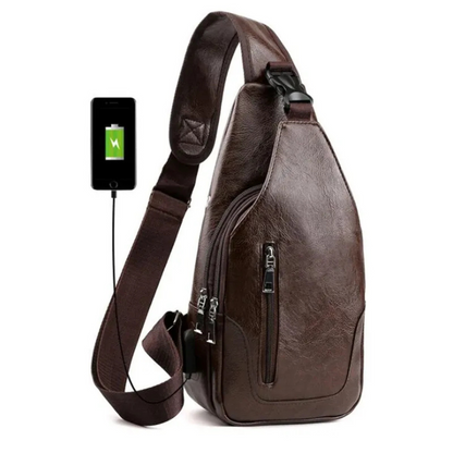 Brusttasche aus Leder für Herren ⎜ Vintage Crossbody-Design mit USB-Anschluss und mehreren Reißverschlussfächern