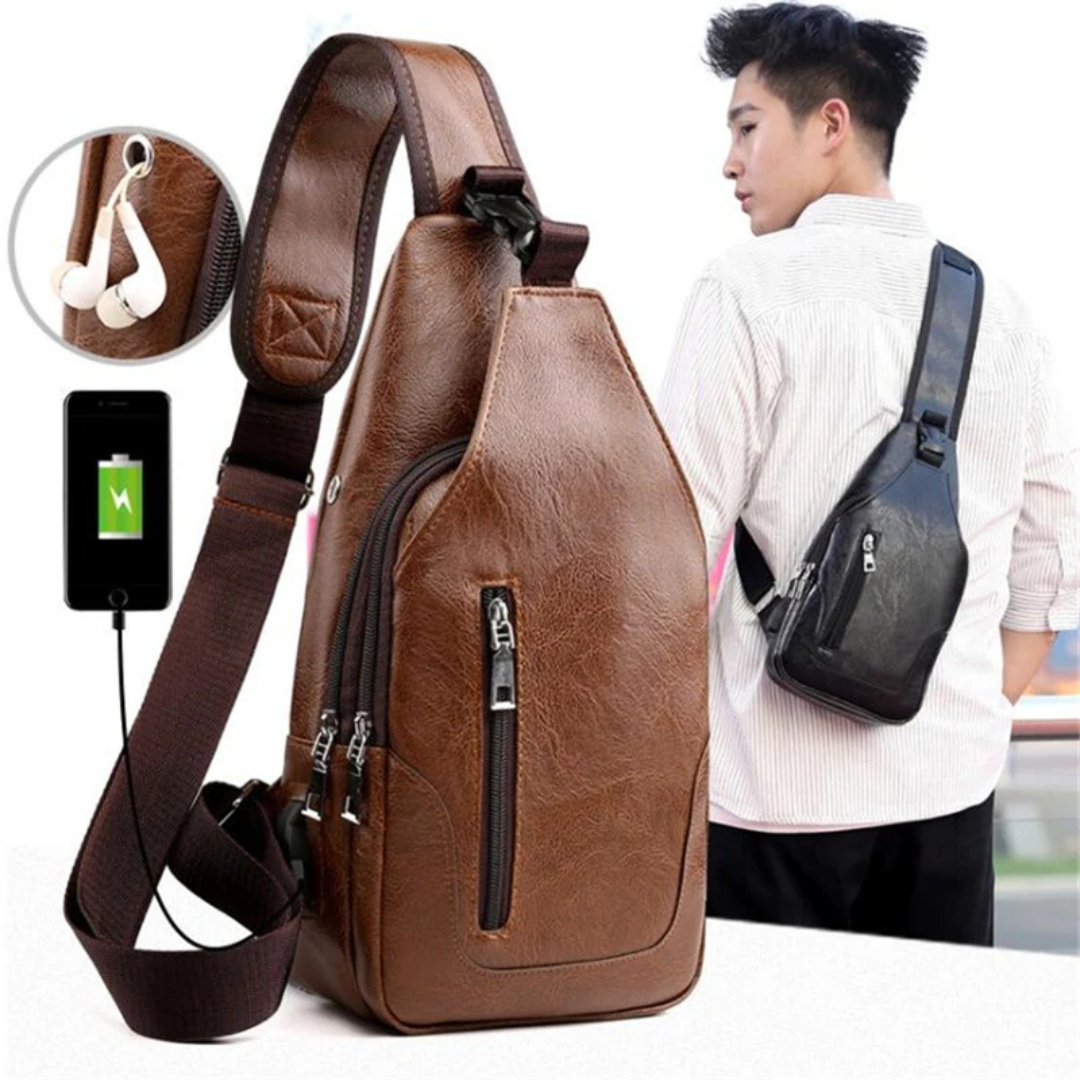 Brusttasche aus Leder für Herren ⎜ Vintage Crossbody-Design mit USB-Anschluss und mehreren Reißverschlussfächern
