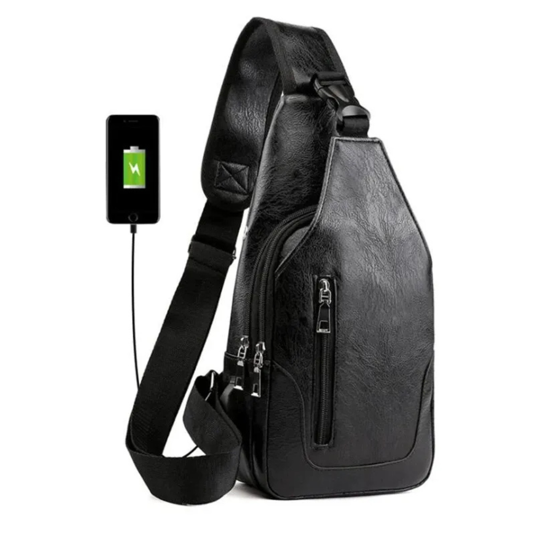Brusttasche aus Leder für Herren ⎜ Vintage Crossbody-Design mit USB-Anschluss und mehreren Reißverschlussfächern
