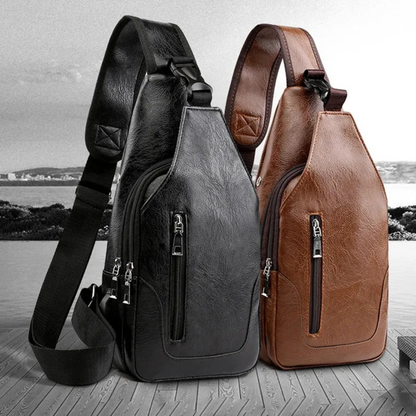 Brusttasche aus Leder für Herren ⎜ Vintage Crossbody-Design mit USB-Anschluss und mehreren Reißverschlussfächern