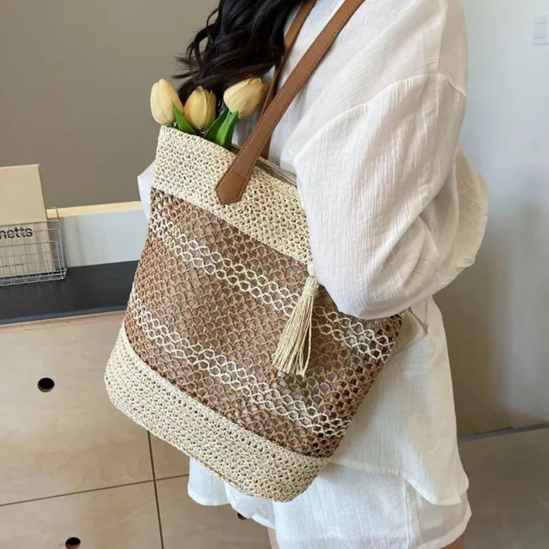 Strandtasche ⎜ Große, modische Netztasche mit Quasten-Anhänger für den Sommer
