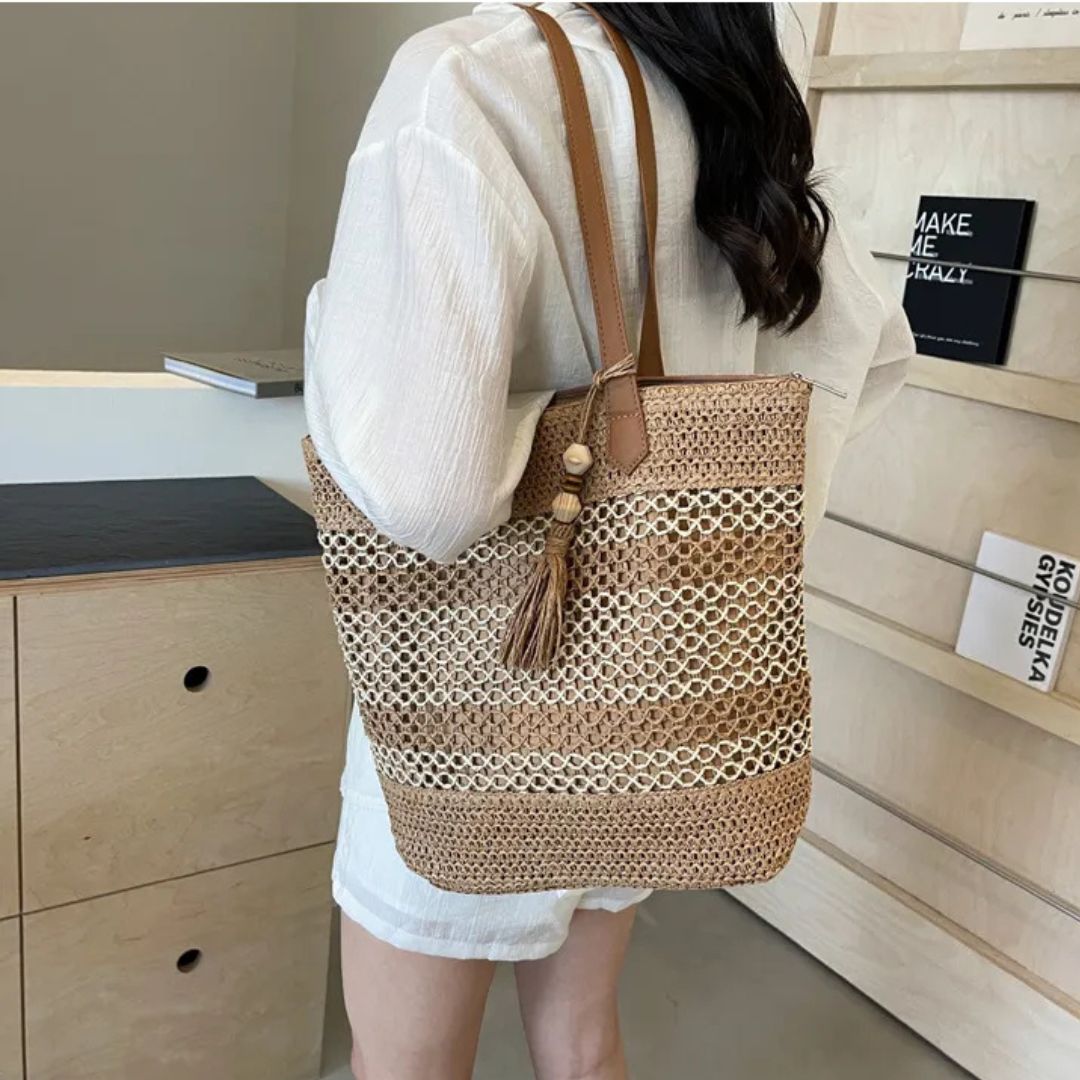 Strandtasche ⎜ Große, modische Netztasche mit Quasten-Anhänger für den Sommer