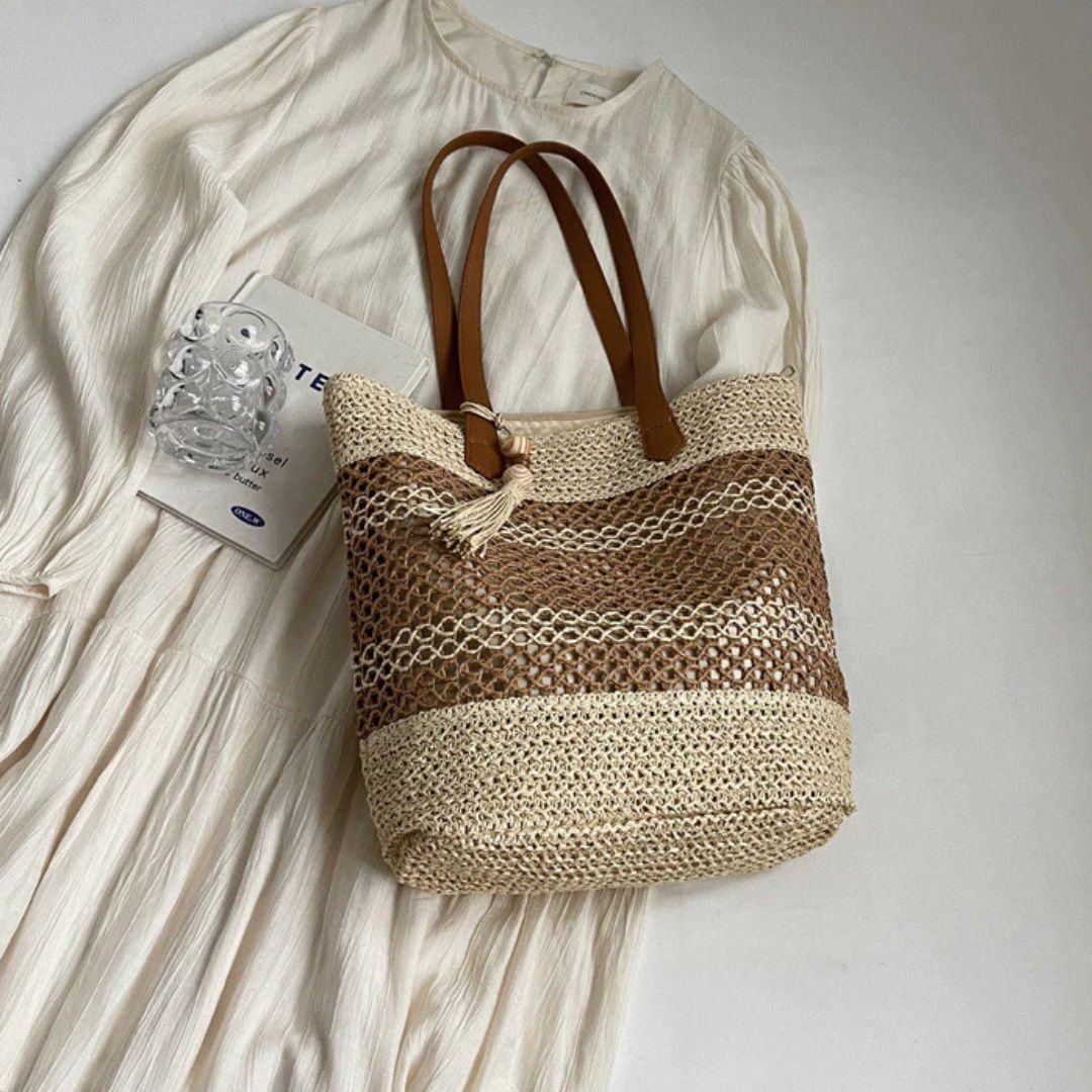 Strandtasche ⎜ Große, modische Netztasche mit Quasten-Anhänger für den Sommer