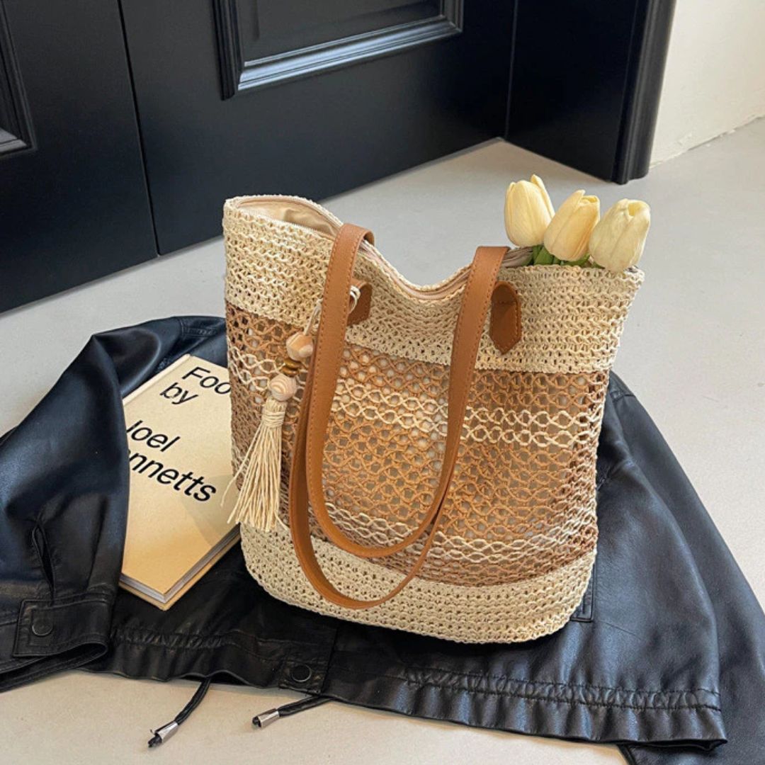 Strandtasche ⎜ Große, modische Netztasche mit Quasten-Anhänger für den Sommer