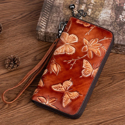 Damen Clutch mit Reißverschluss ⎜ Vintage Design mit floraler Prägung und praktischer Handgelenksschlaufe
