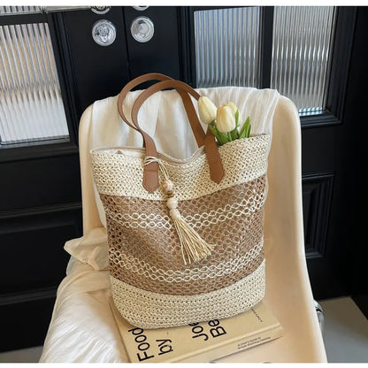 Strandtasche ⎜ Große, modische Netztasche mit Quasten-Anhänger für den Sommer