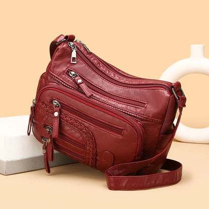 Leder Umhängetasche für Damen ⎜ Vielseitige Tasche mit mehreren Reißverschlusstaschen und modischem Look
