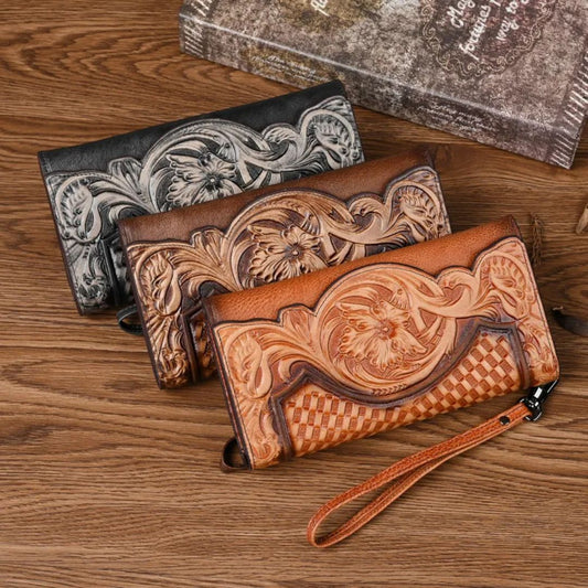 Leder Damenbörse mit Prägung ⎜ Vintage Geldbörse mit Handyfach und Kartenfächern