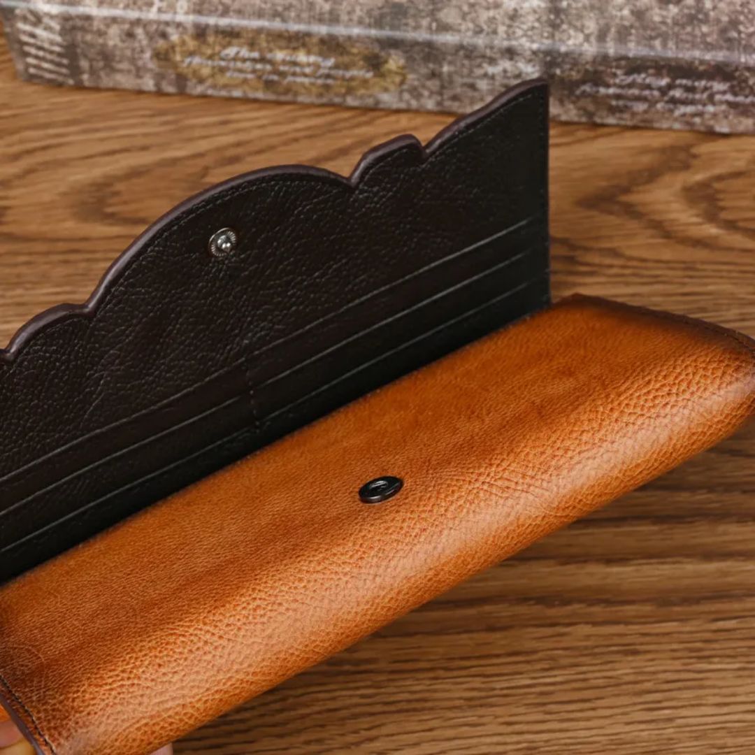 Leder Damenbörse mit Prägung ⎜ Vintage Geldbörse mit Handyfach und Kartenfächern
