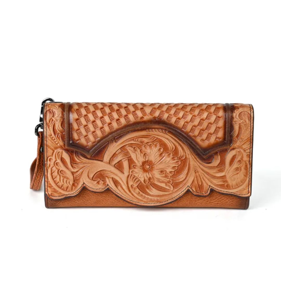 Leder Damenbörse mit Prägung ⎜ Vintage Geldbörse mit Handyfach und Kartenfächern