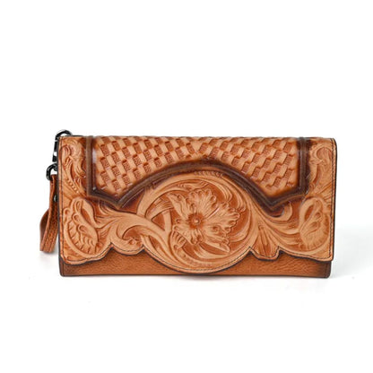 Leder Damenbörse mit Prägung ⎜ Vintage Geldbörse mit Handyfach und Kartenfächern