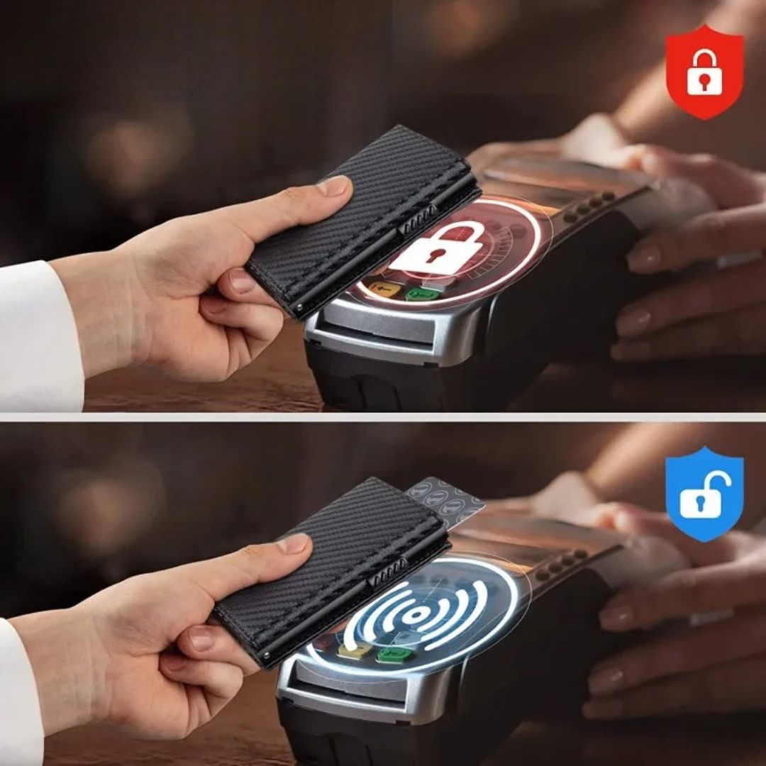 RFID Kartenetui für Herren ⎜ Kompakte Carbonbörse mit Auswurffunktion für Karten