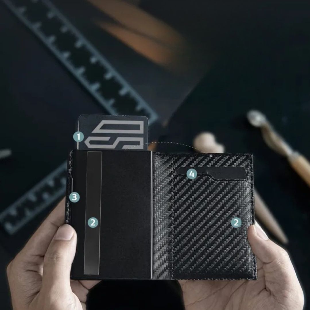 RFID Kartenetui für Herren ⎜ Kompakte Carbonbörse mit Auswurffunktion für Karten