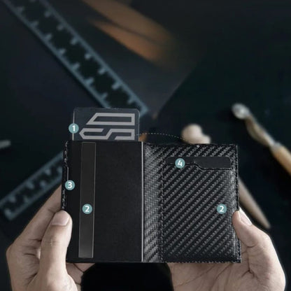 RFID Kartenetui für Herren ⎜ Kompakte Carbonbörse mit Auswurffunktion für Karten