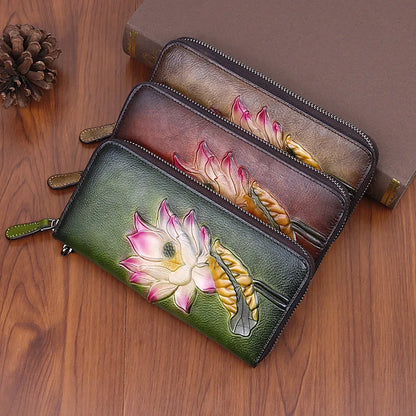 Damen Geldbörse mit Reißverschluss ⎜ Langes Design mit mehreren Kartenfächern und retrofarbenem Blumenmuster