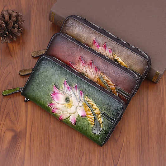 Damen Geldbörse mit Reißverschluss ⎜ Langes Design mit mehreren Kartenfächern und retrofarbenem Blumenmuster
