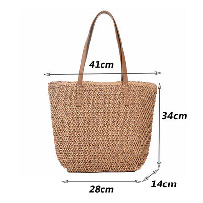 Große Kapazität Strohtasche ⎜ Modische Umhängetasche mit Kordelzug und robusten Trageriemen