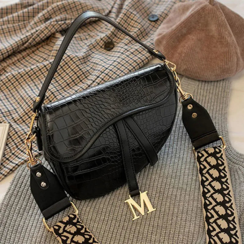 Schultertasche für Damen ⎜ Krokodil-Design mit verstellbarem Riemen und goldener Verzierung
