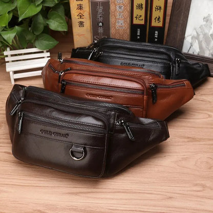 Bauchtasche aus Leder für Herren ⎜ Mehrere Reißverschlussfächer und robuster Gurt für sicheres Verstauen