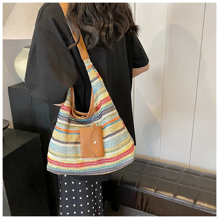 Häkeltasche für Damen ⎜ Bunte Schultertasche aus Baumwolle mit praktischer Zusatztasche