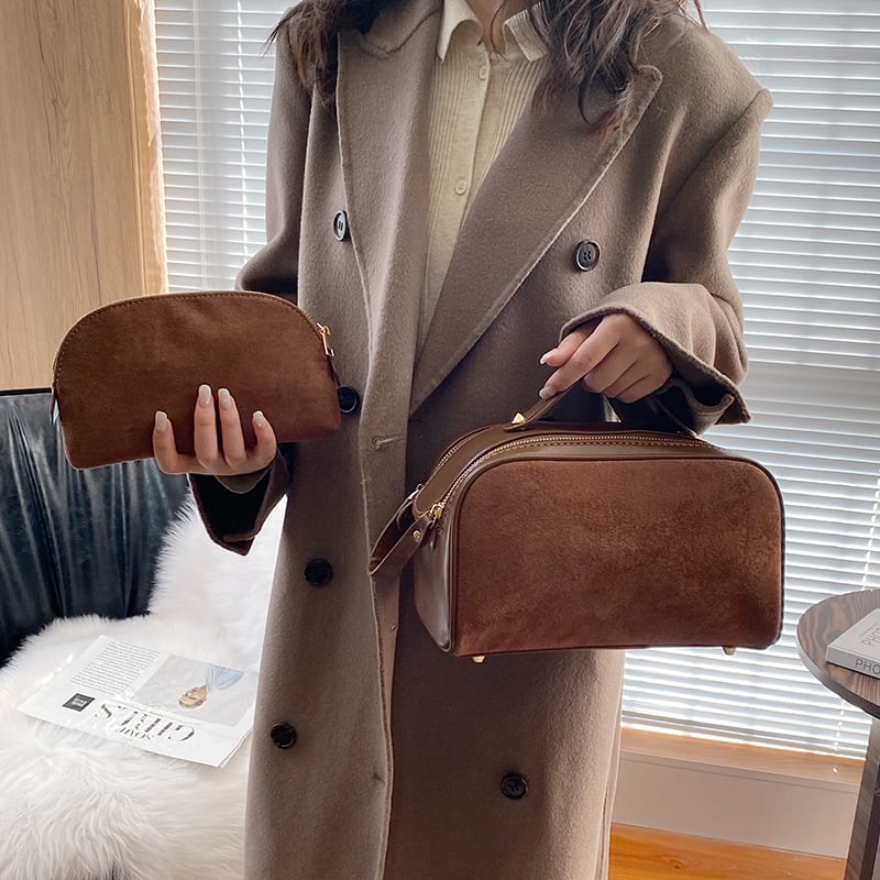 Kosmetiktasche für Damen ⎜ Große Kapazität mit Wildleder-Optik und praktischem Tragegriff