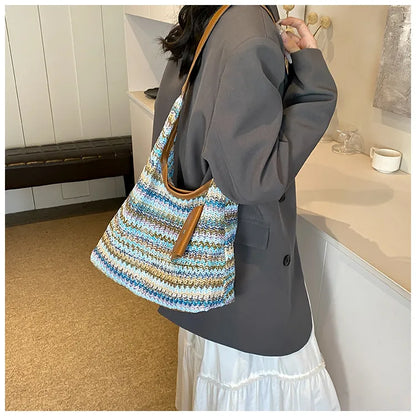 Häkeltasche für Damen ⎜ Bunte Schultertasche aus Baumwolle mit praktischer Zusatztasche