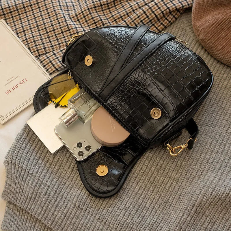 Schultertasche für Damen ⎜ Krokodil-Design mit verstellbarem Riemen und goldener Verzierung