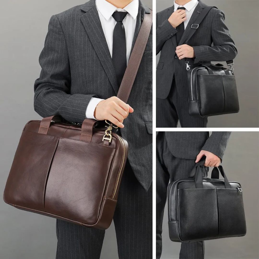 Laptoptasche für Herren ⎜ Elegante Aktentasche aus Echtleder mit Schultergurt und viel Stauraum